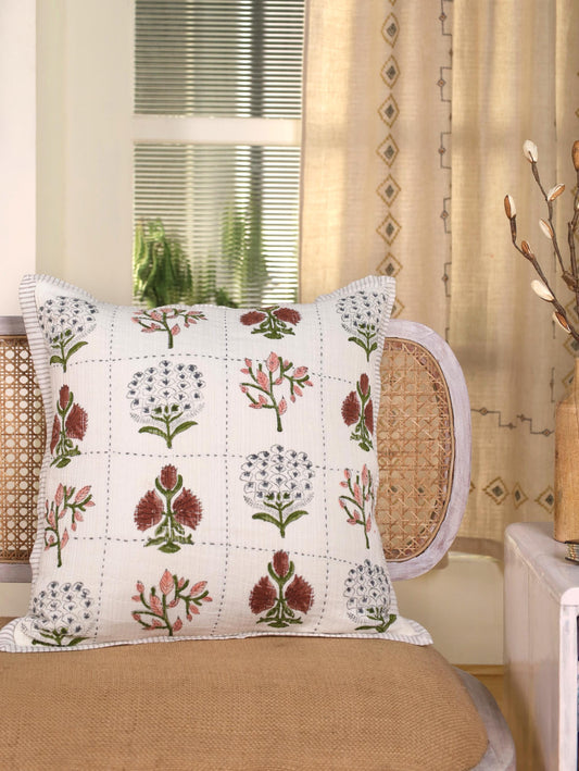 Floral Block Print Pillow Cover: 20x20 Muslin Cotton Reversible Cushion