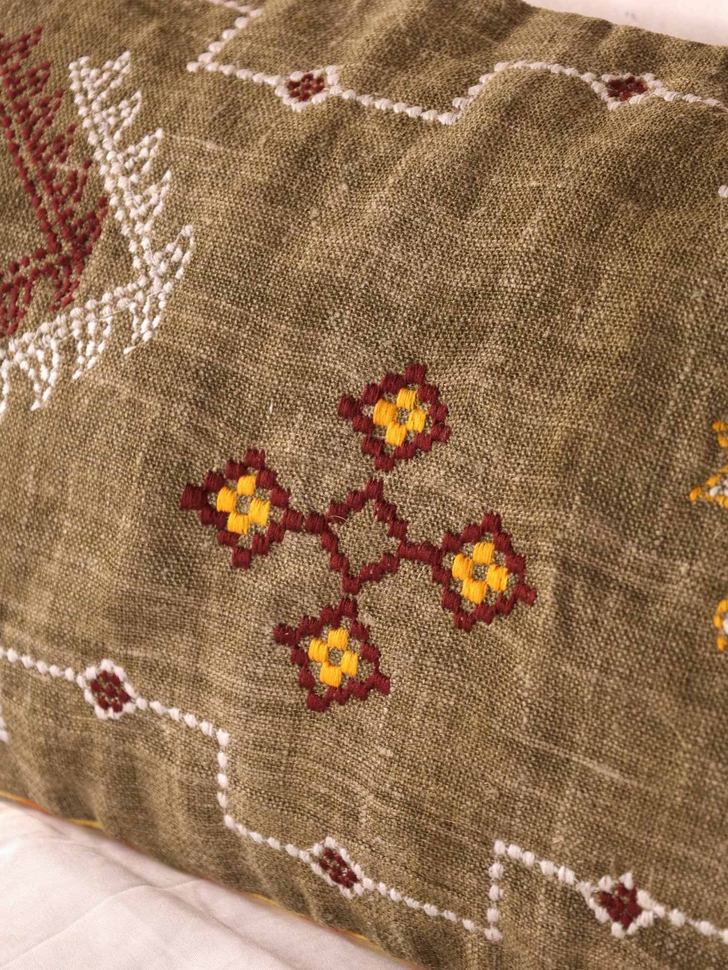 Embroidered Linen Lumbar Pillow Cover: Handcrafted Boho Lumbar Cushion | Moroccan-Inspired Decor | Handmade Gift for Her