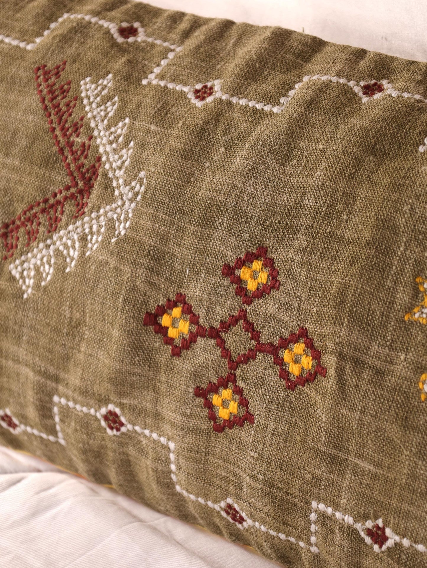 Embroidered Linen Lumbar Pillow Cover: Handcrafted Boho Lumbar Cushion | Moroccan-Inspired Decor | Handmade Gift for Her