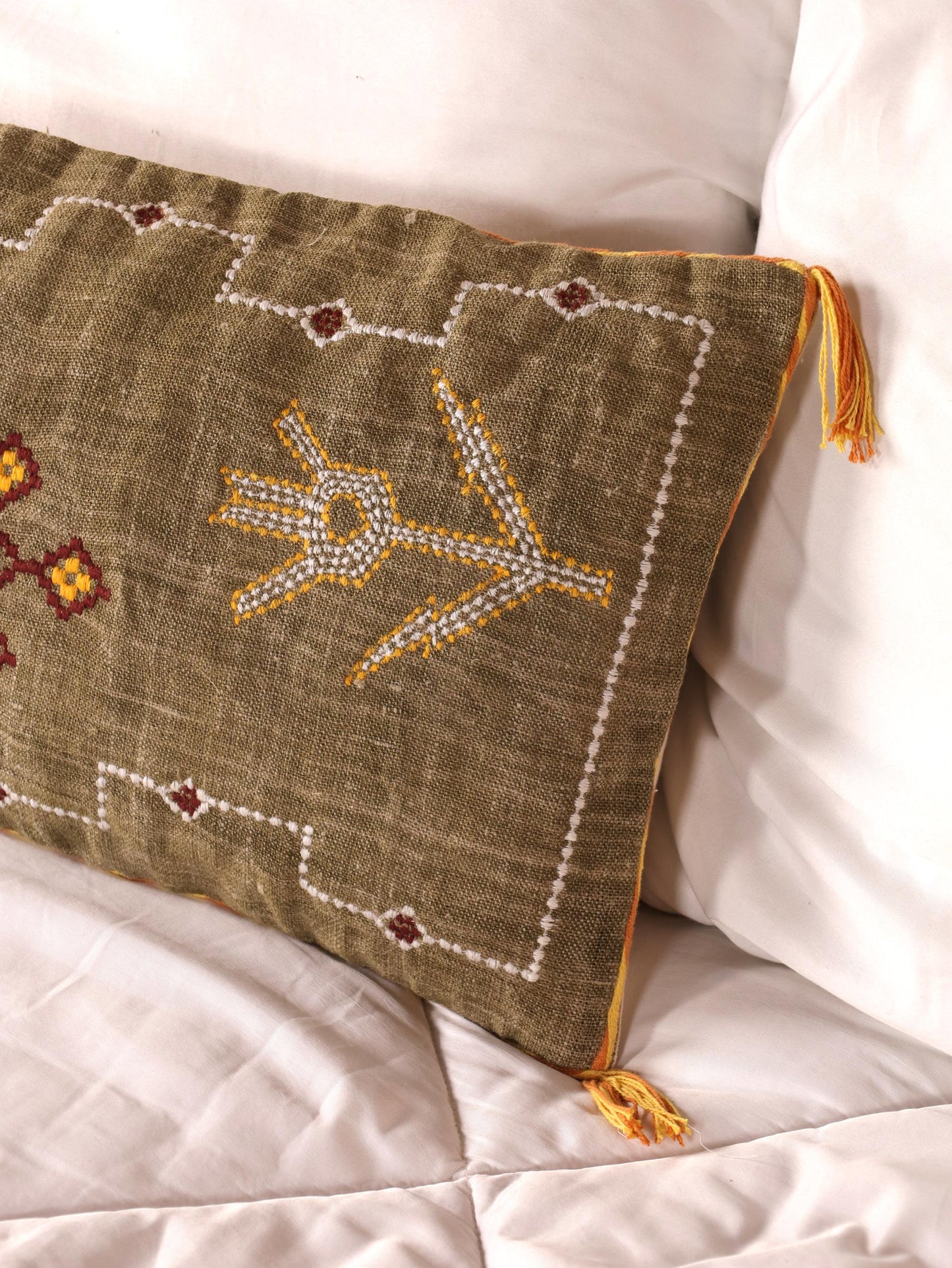 Embroidered Linen Lumbar Pillow Cover: Handcrafted Boho Lumbar Cushion | Moroccan-Inspired Decor | Handmade Gift for Her