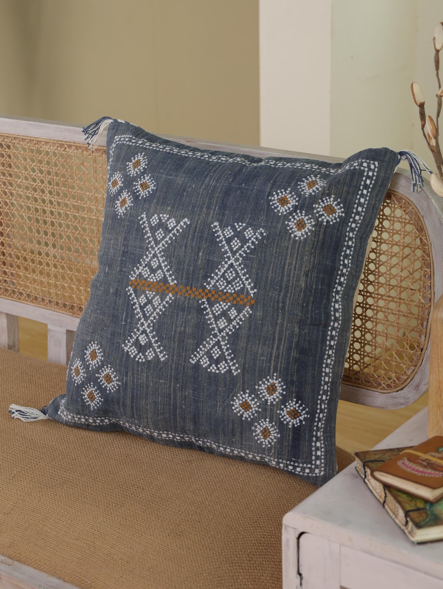 Blue Linen Embroidered Pillow Cover: 20x20 Cactus Silk Inspired Boho Cushion | Handmade Throw Pillow for Home Decor & Gifting