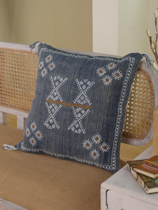 Blue Linen Embroidered Pillow Cover: 20x20 Cactus Silk Inspired Boho Cushion | Handmade Throw Pillow for Home Decor & Gifting