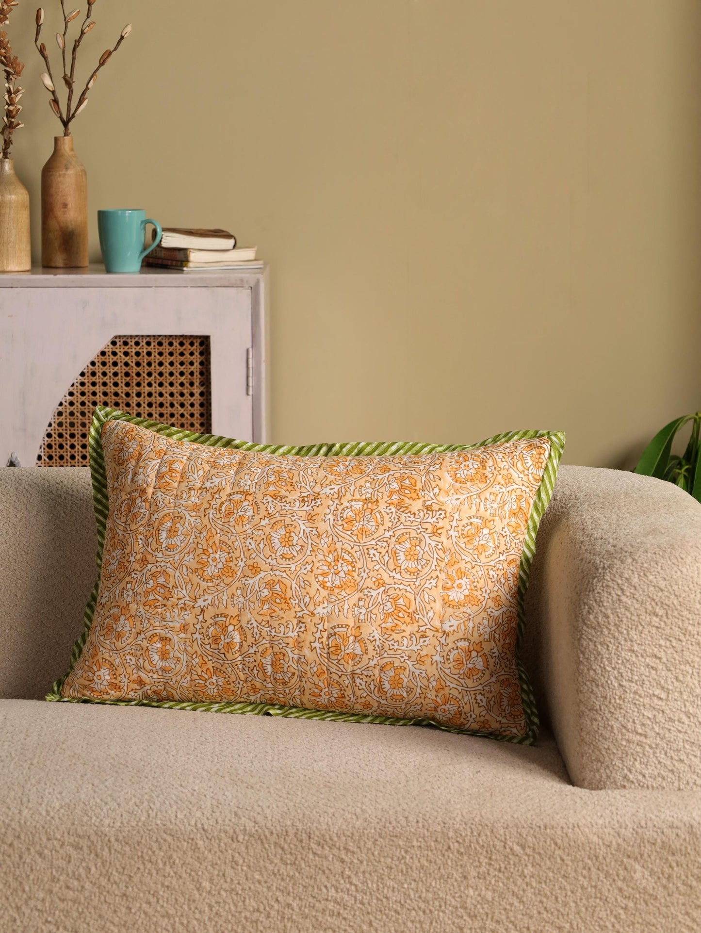 Floral Hand Block Printed Lumbar Pillow Cover: Kantha Quilted Cotton (16x24)