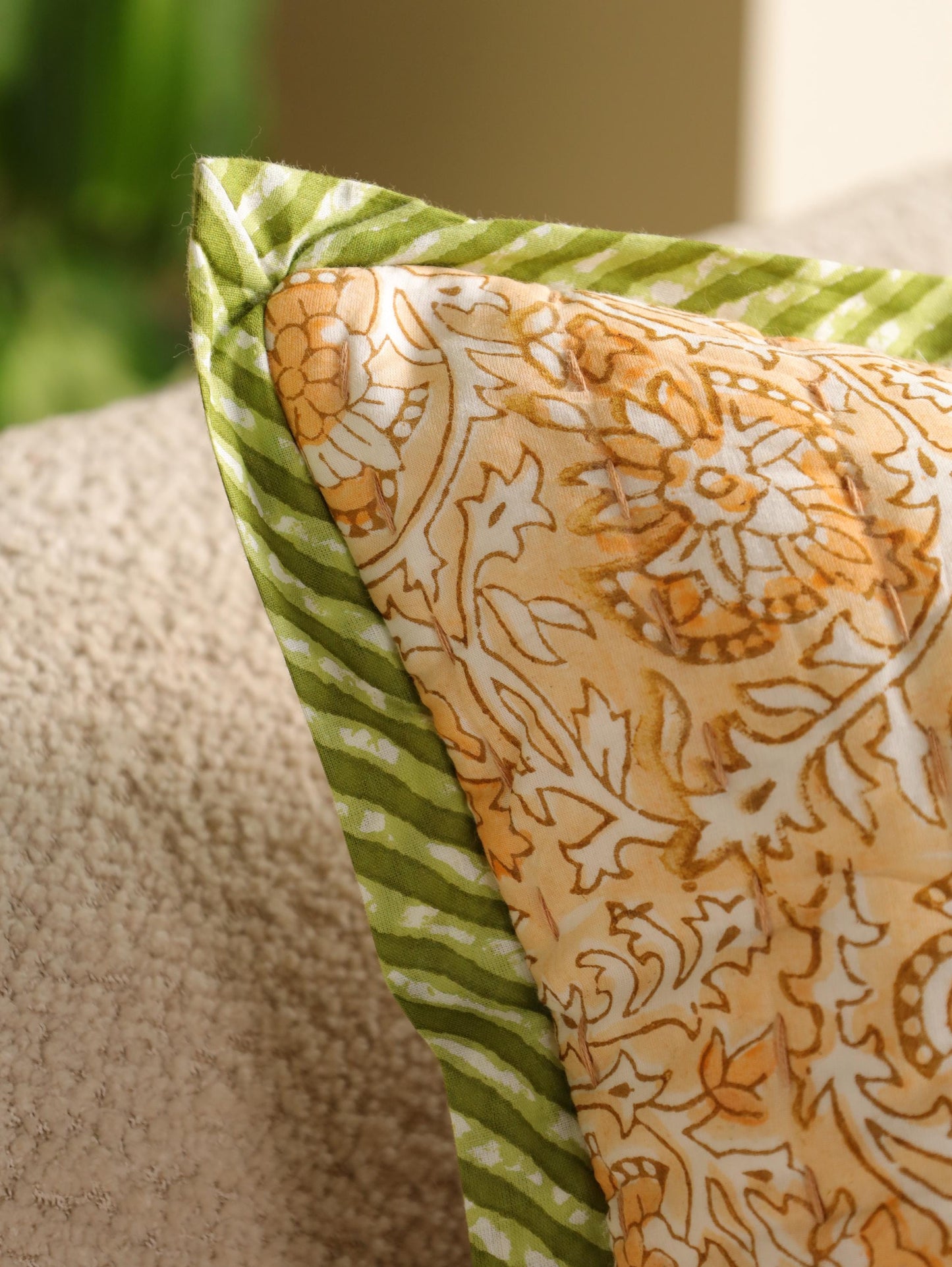 Floral Hand Block Printed Lumbar Pillow Cover: Kantha Quilted Cotton (16x24)