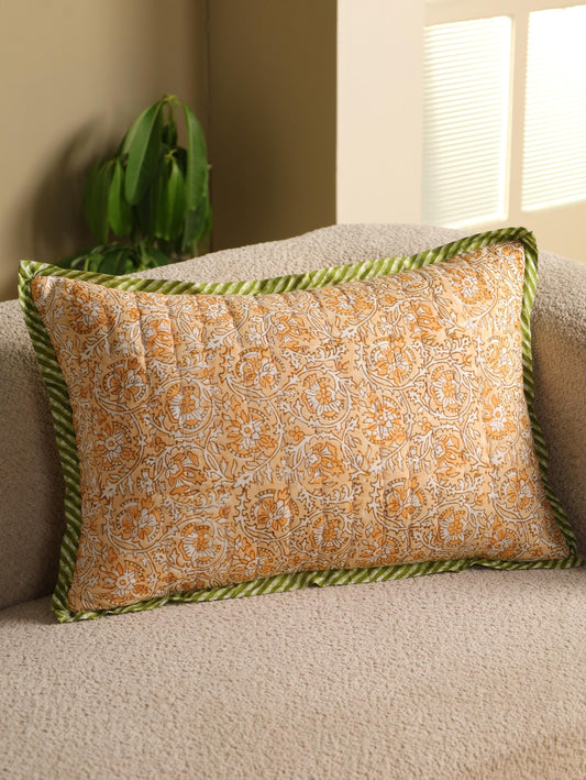 Floral Hand Block Printed Lumbar Pillow Cover: Kantha Quilted Cotton (16x24)