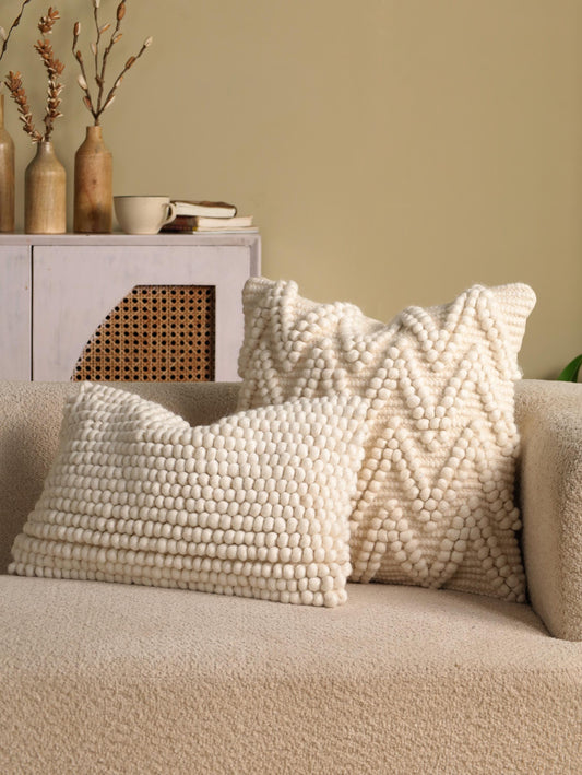 Handwoven Popcorn Wool Pillow Cover: Ivory Boho Zigzag Cushion