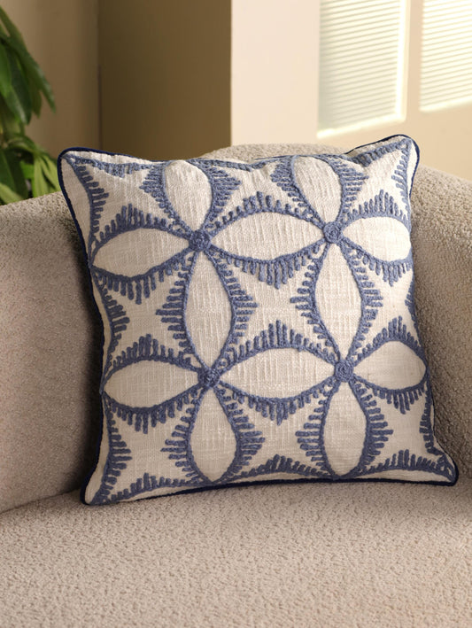 Hand-Embroidered Floral Pillow Cover: Blue & Yellow Floral Embroidered Pillow Cover | 20x20 Cotton Cushion | Boho Throw Pillow | Decor Gifts