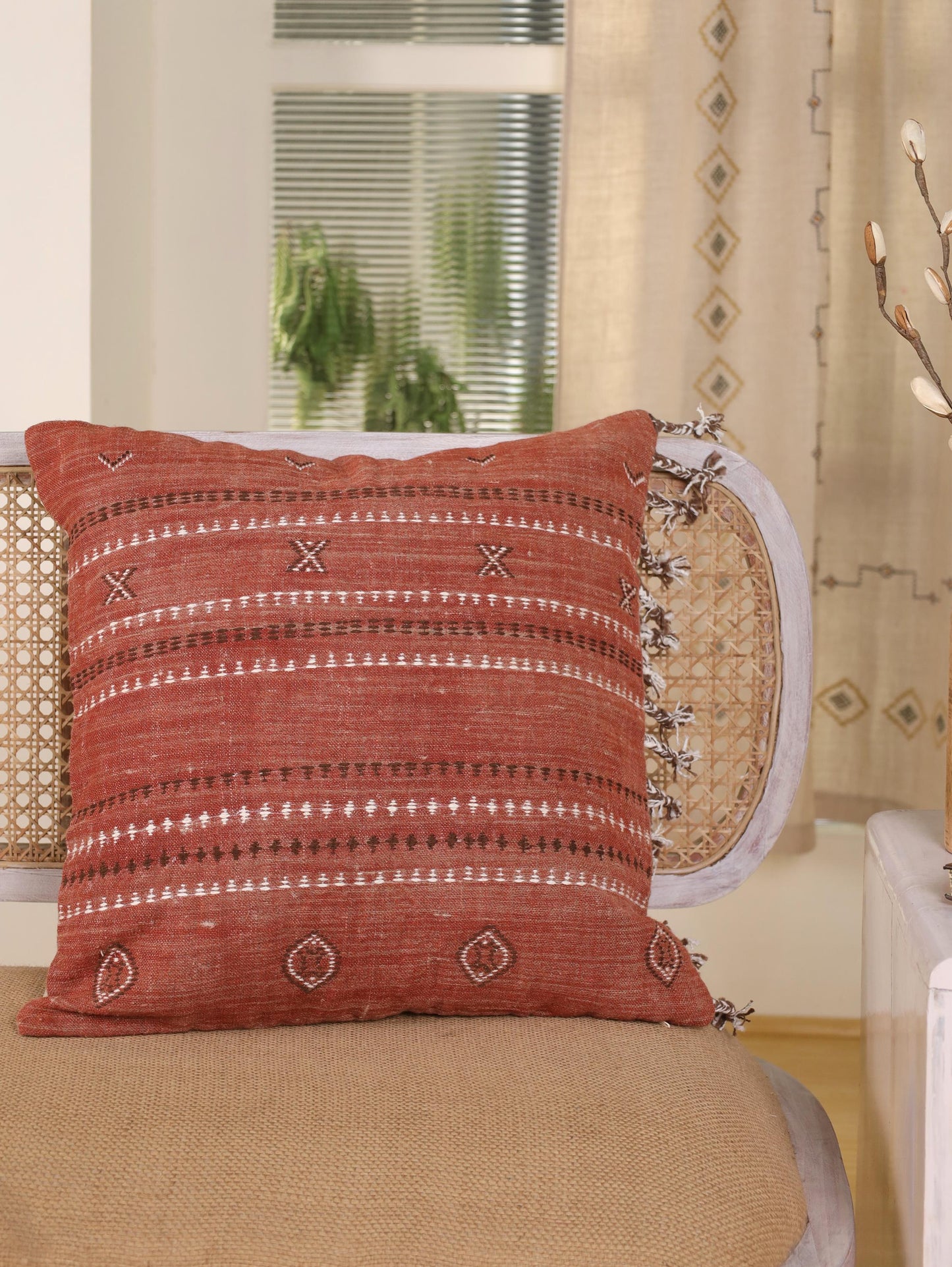 Hand-Embroidered Rust Linen Pillow Cover: Moroccan Boho Throw Pillow (20x20)