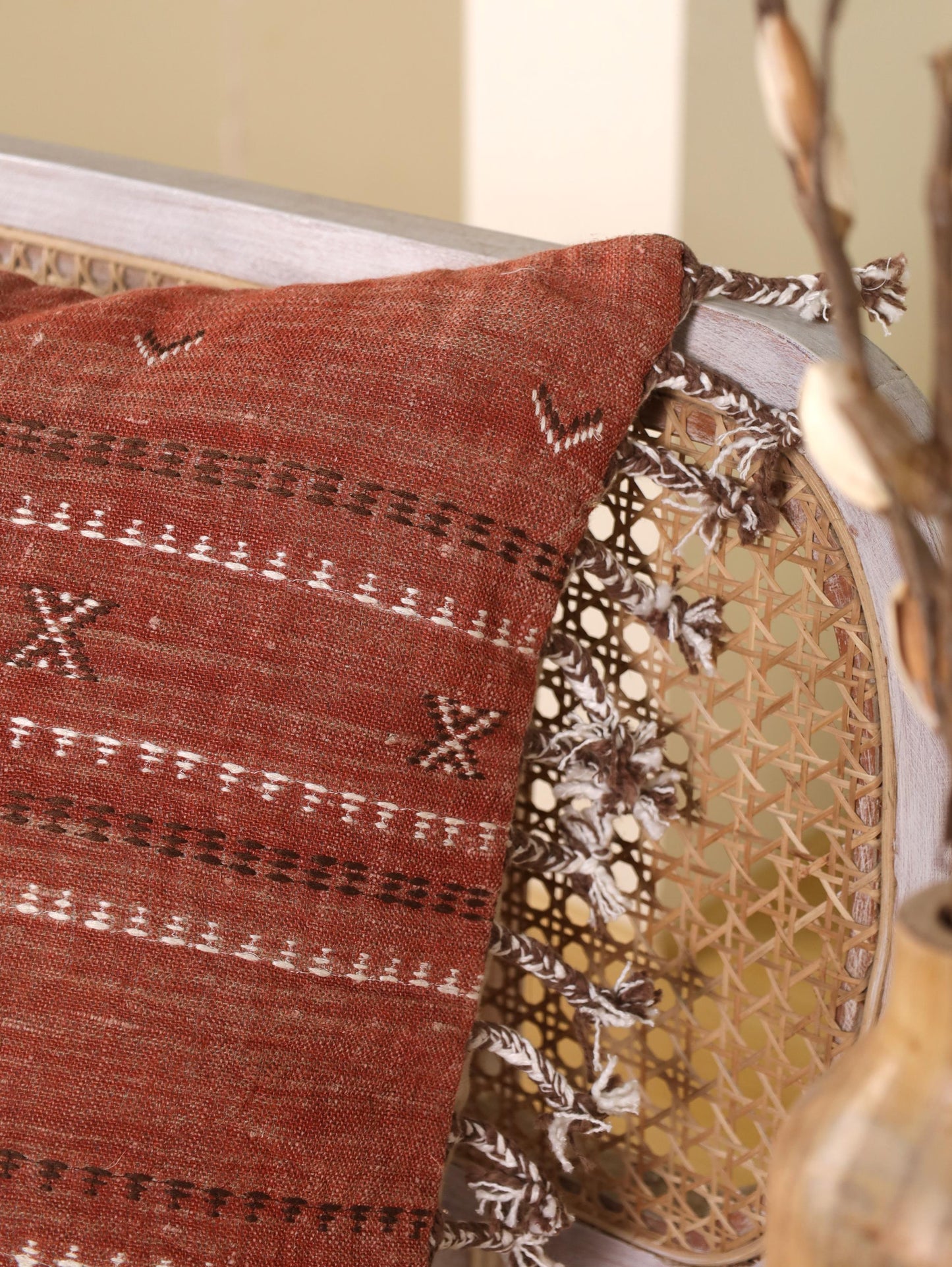 Hand-Embroidered Rust Linen Pillow Cover: Moroccan Boho Throw Pillow (20x20)