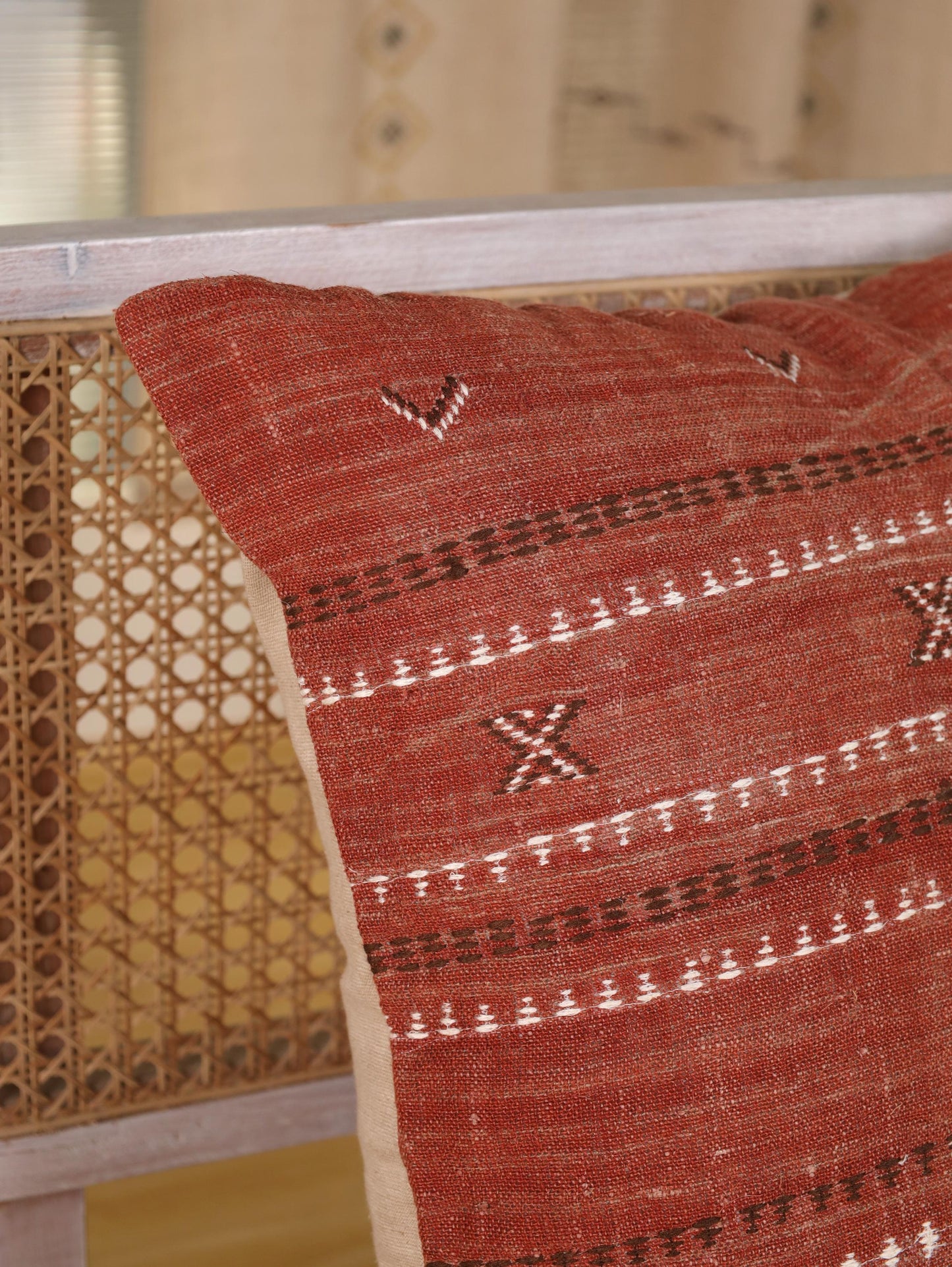 Hand-Embroidered Rust Linen Pillow Cover: Moroccan Boho Throw Pillow (20x20)
