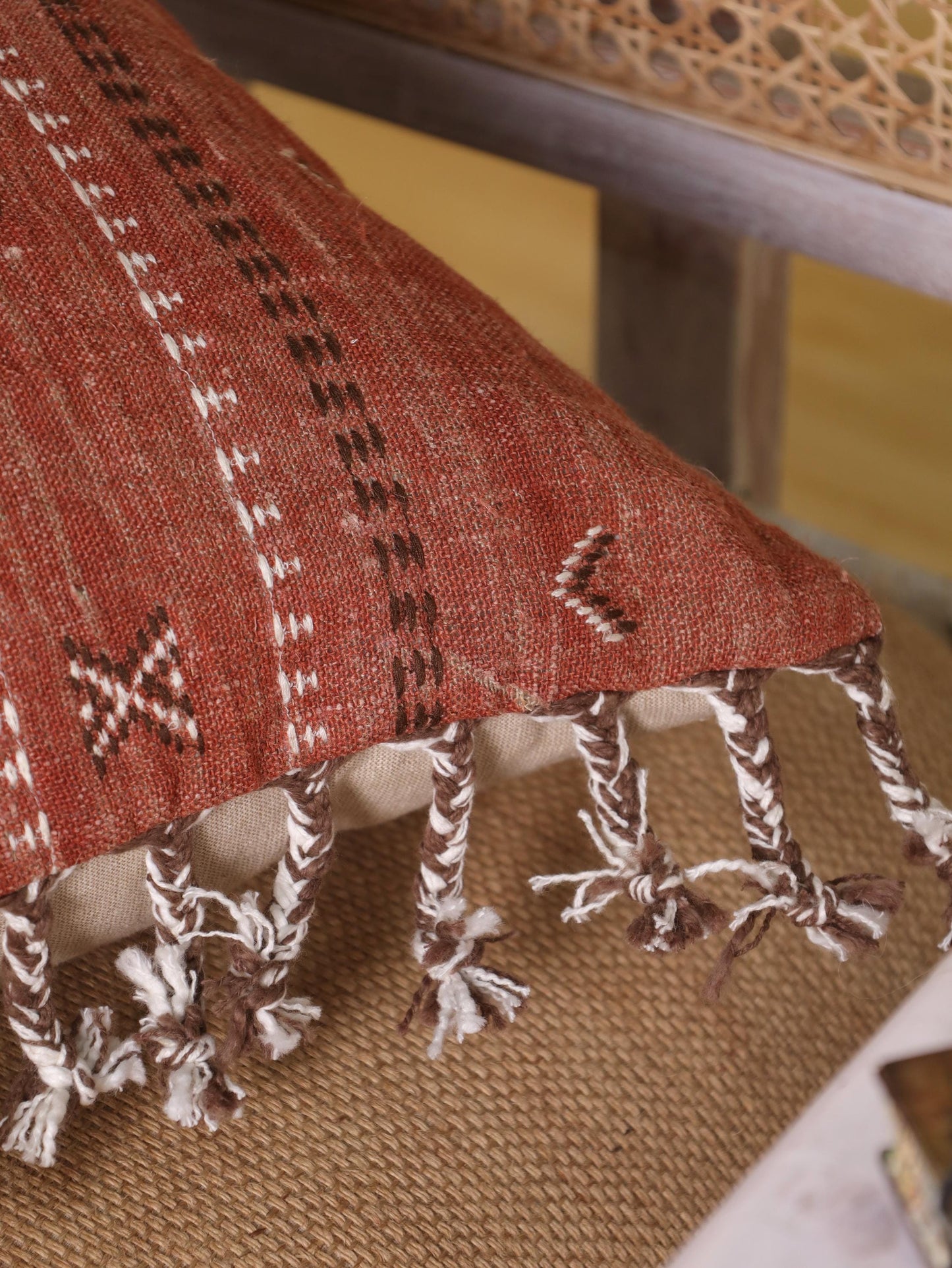 Hand-Embroidered Rust Linen Pillow Cover: Moroccan Boho Throw Pillow (20x20)