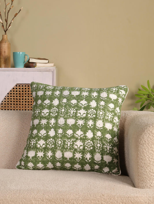 Green Floral Pillow Cover: Hand Block Printed Cotton Gauze, Boho Farmhouse