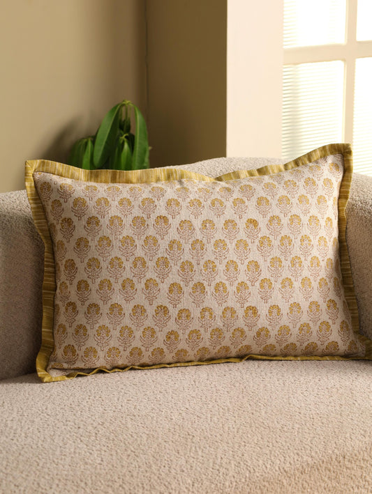 Floral Linen Lumbar Pillow Cover: Hand Block Printed, Farmhouse Decor