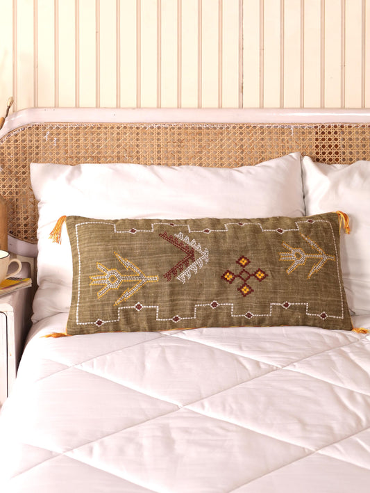 Embroidered Linen Lumbar Pillow Cover: Handcrafted Boho Lumbar Cushion | Moroccan-Inspired Decor | Handmade Gift for Her