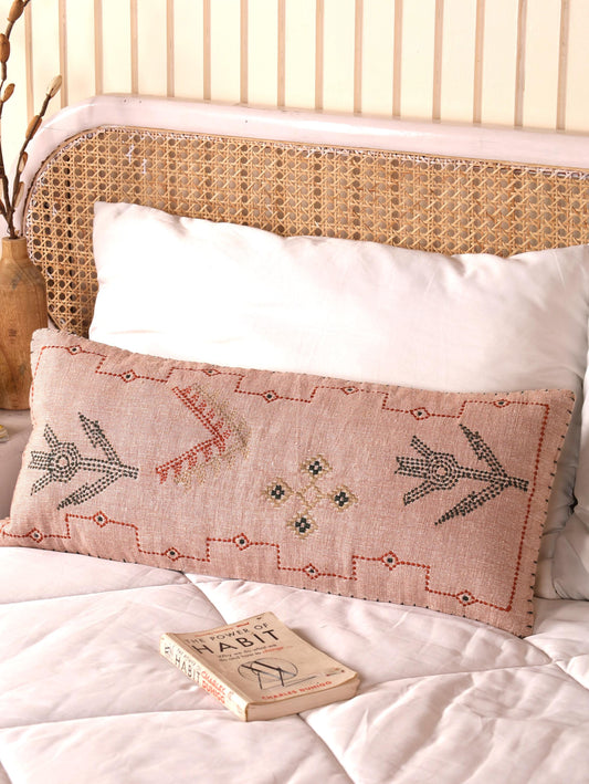 Rust Embroidered Lumbar Pillow Cover: 12x28 Moroccan Boho Throw Pillow | Handcrafted Cactus Silk-Inspired Accent for Sofa or Bed