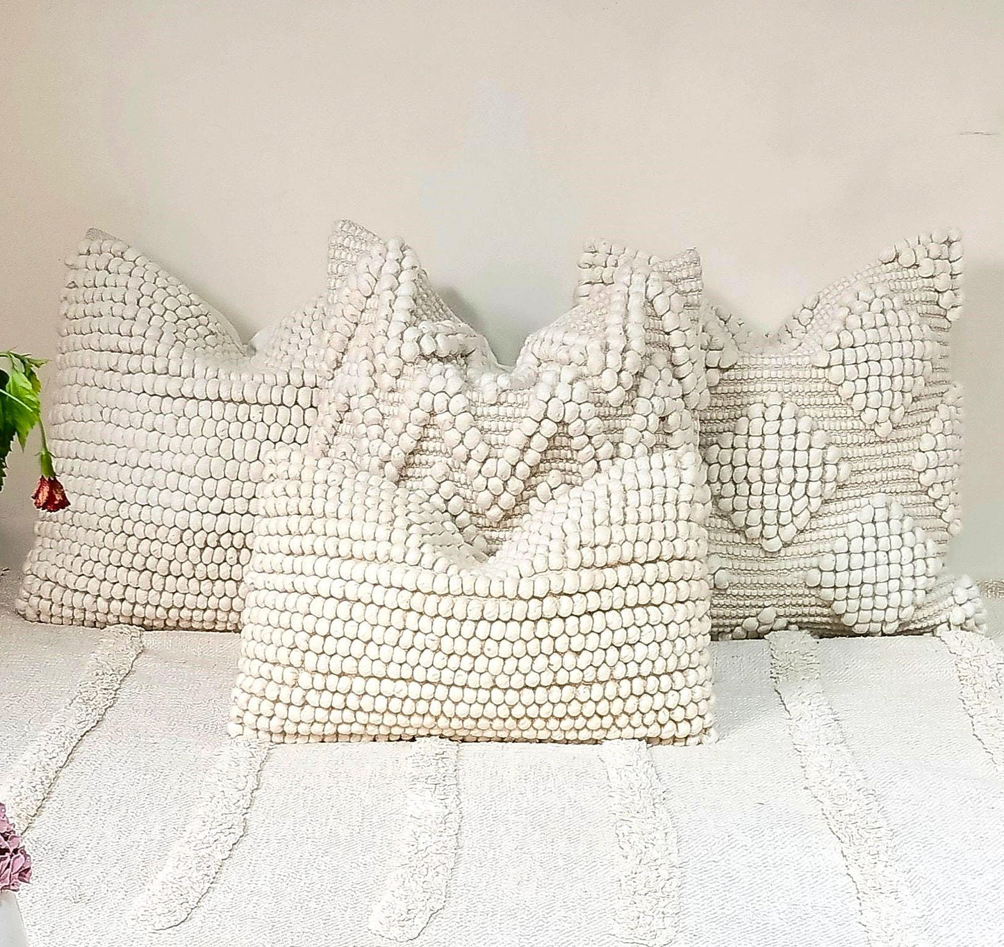 Handwoven Boho Pillow Cover Set: Textured Cotton, 20x20 & 12x20