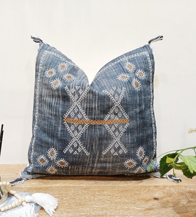 Blue Linen Embroidered Pillow Cover: 20x20 Cactus Silk Inspired Boho Cushion | Handmade Throw Pillow for Home Decor & Gifting