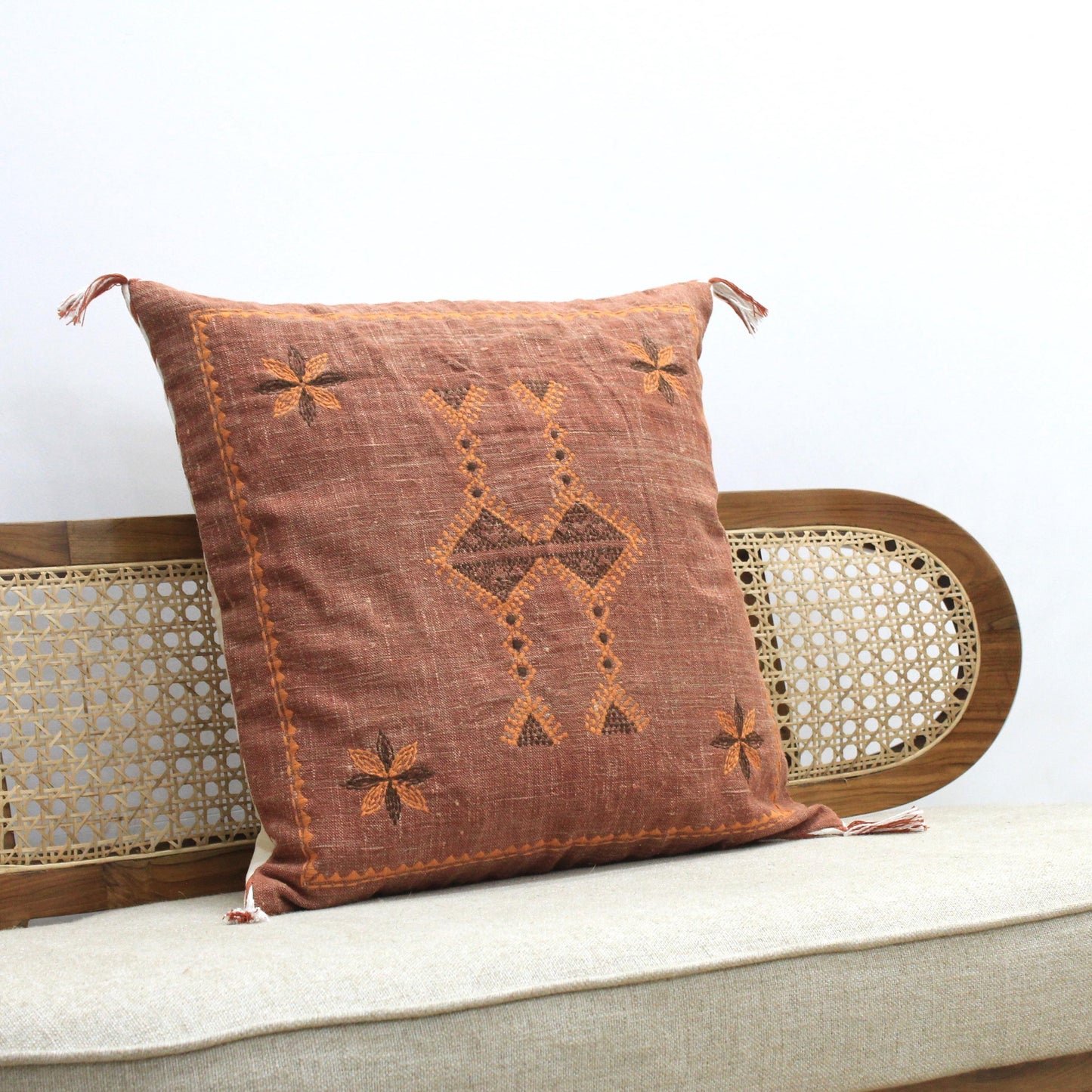 Hand Embroidered Linen Pillow Cover: Burnt Orange Boho Throw Cushion (20x20)