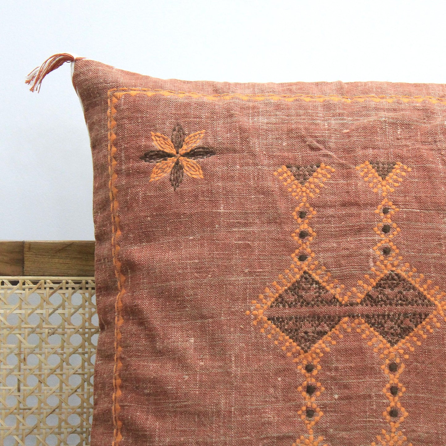 Hand Embroidered Linen Pillow Cover: Burnt Orange Boho Throw Cushion (20x20)
