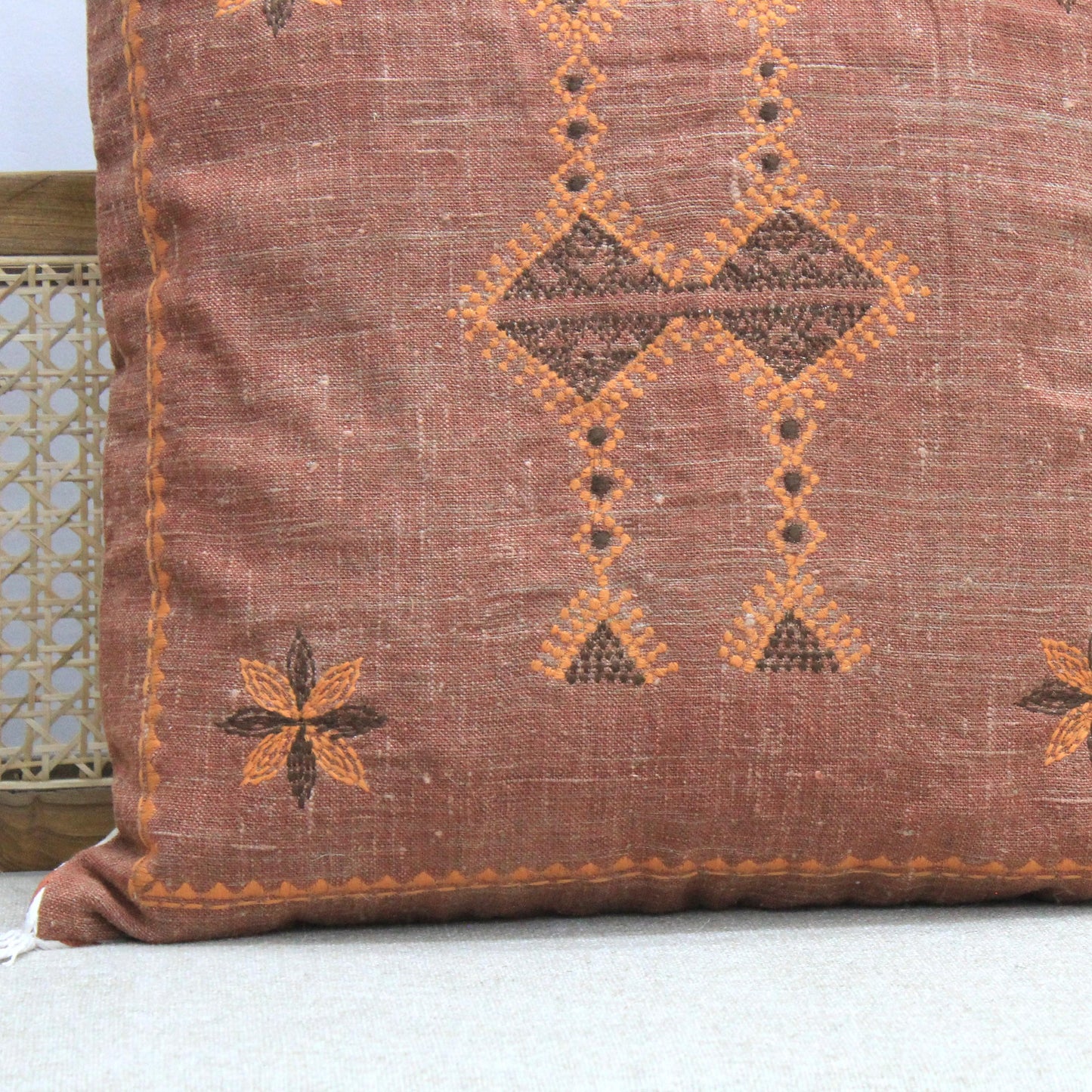 Hand Embroidered Linen Pillow Cover: Burnt Orange Boho Throw Cushion (20x20)