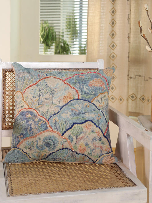 Embroidered Linen Pillow Cover: Japanese Garden Print, Japandi Decor