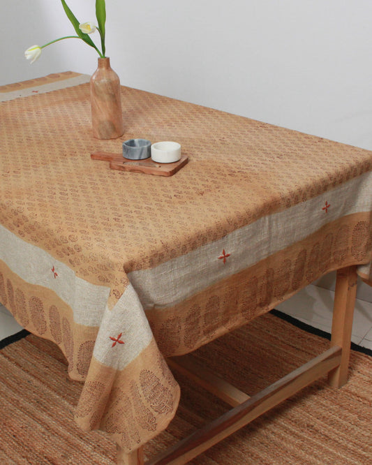 Peach Floral Linen Tablecloth: Hand Block Printed 52x70 Rectangle