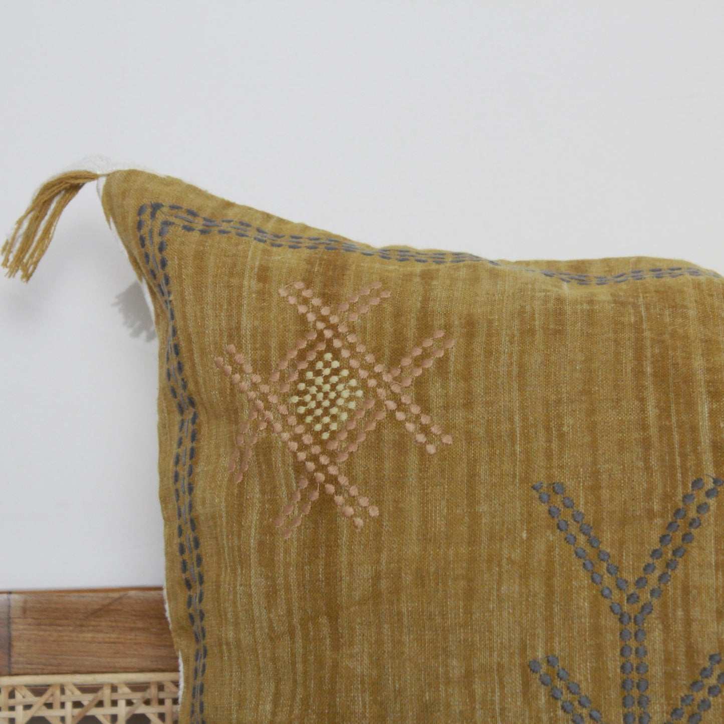 Hand Embroidered Linen Pillow Cover: Mustard Yellow Boho Farmhouse (20x20)