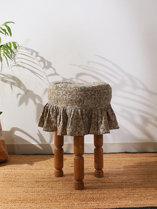 Floral Linen Barstool Cover: 14 Inch Hand Block Printed Seat Cover | Farmhouse Cotton Stool Cover | Custom Round Chair Slip Cover