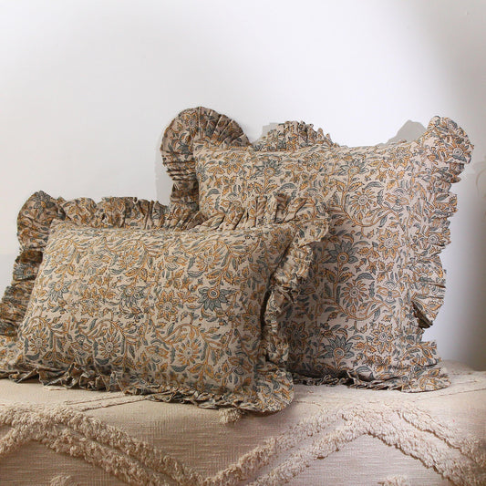 Ruffle Linen Floral Pillow Cover Set: 14x22 & 20x20 Hand Block Printed Cushion | Neutral Boho Throw Pillow | Handmade Farmhouse Decor Gift