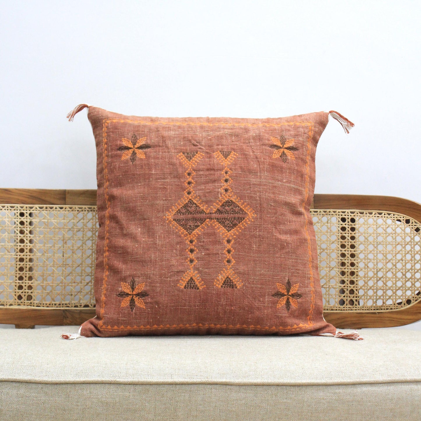 Hand Embroidered Linen Pillow Cover: Burnt Orange Boho Throw Cushion (20x20)