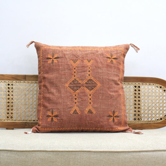 Hand Embroidered Linen Pillow Cover: Burnt Orange Boho Throw Cushion (20x20)