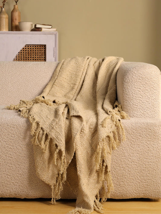 Handloom Organic Cotton Throw Blanket: Beige Boho Decor (68” x 52”