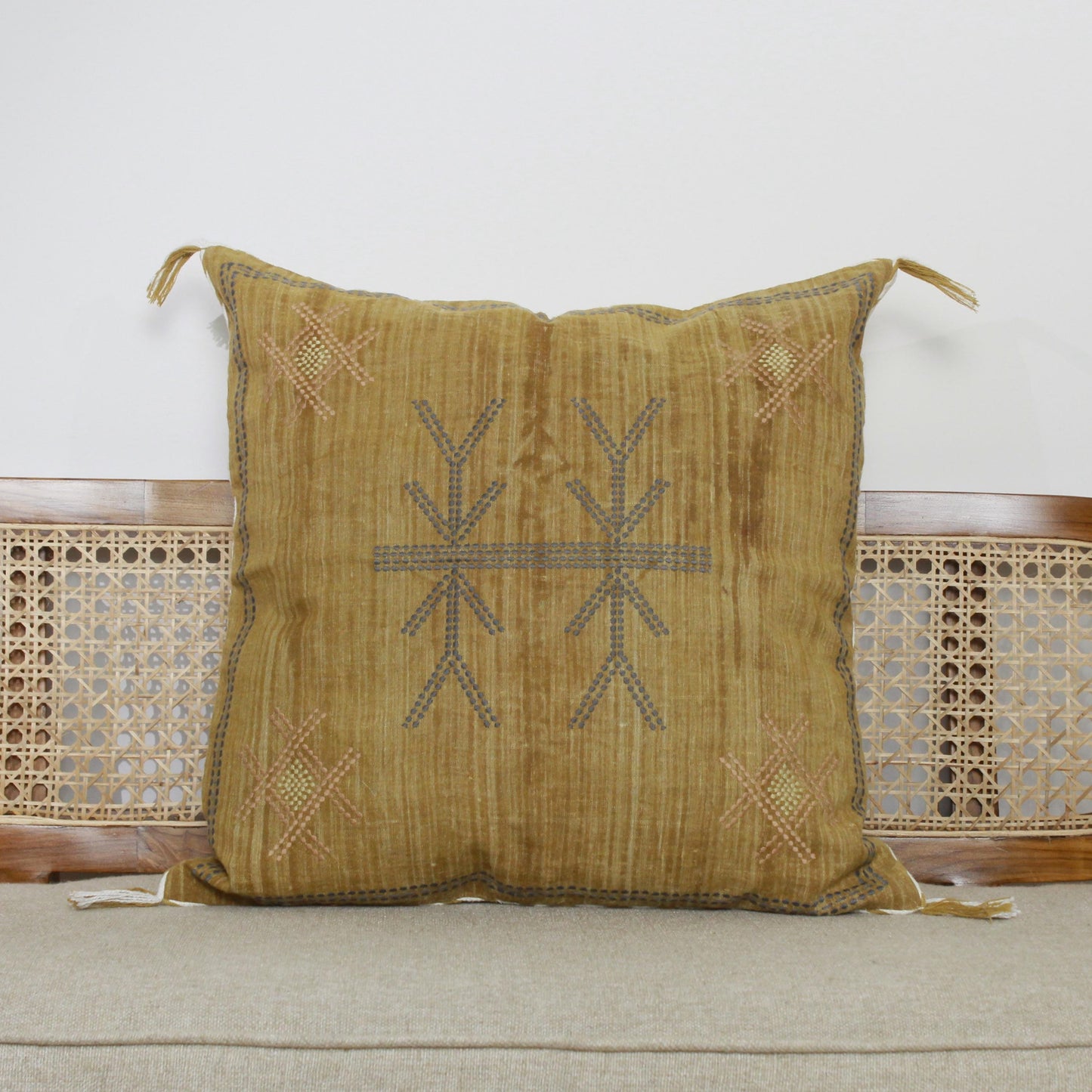 Hand Embroidered Linen Pillow Cover: Mustard Yellow Boho Farmhouse (20x20)