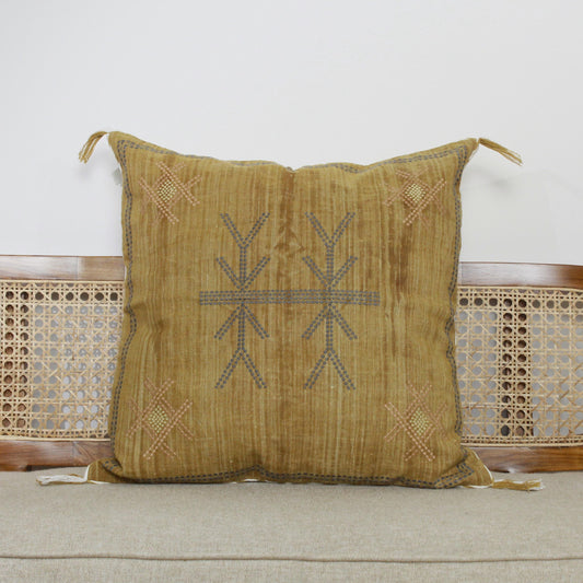 Hand Embroidered Linen Pillow Cover: Mustard Yellow Boho Farmhouse (20x20)