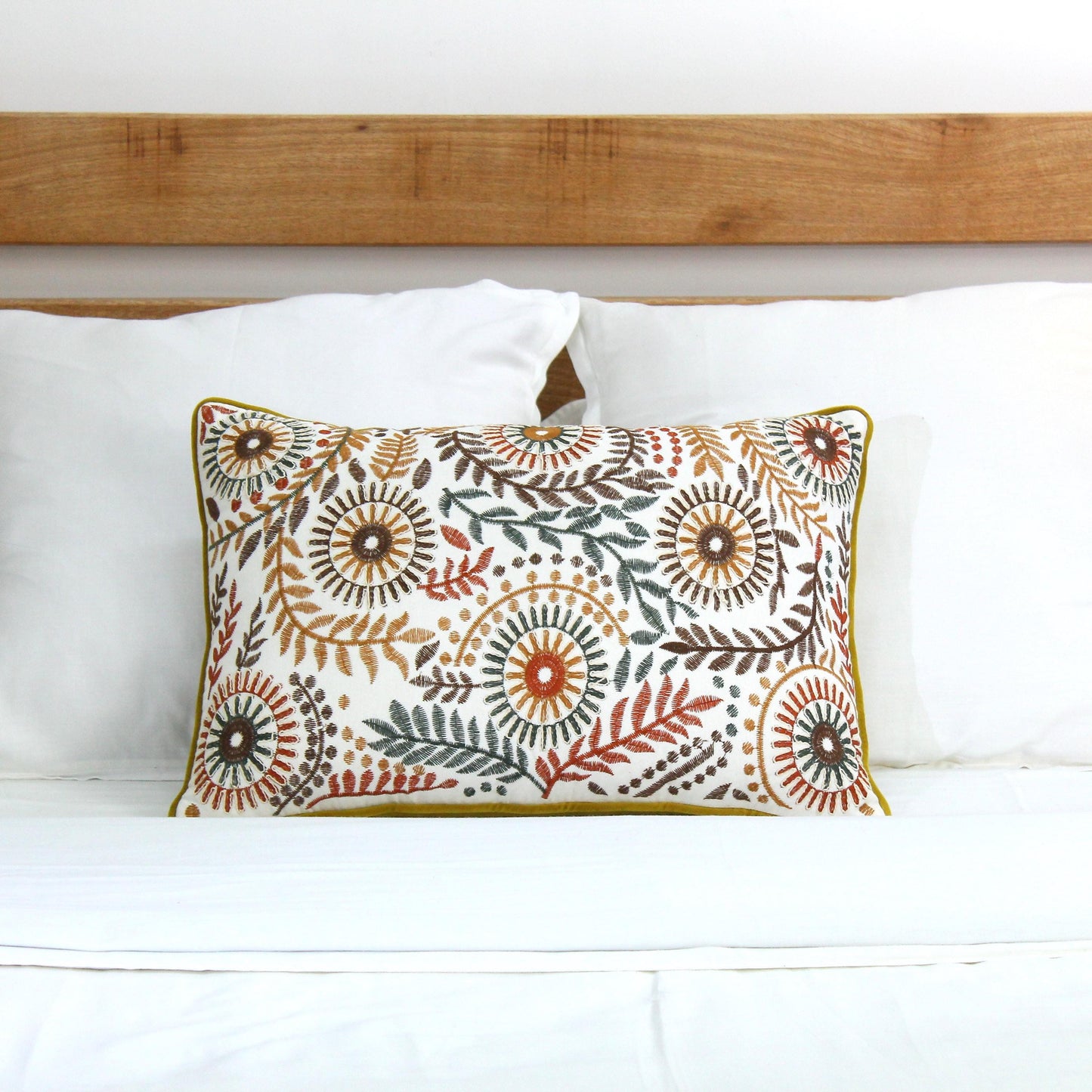 Hand-Embroidered Floral Lumbar Pillow Cover: Boho Botanical Cushion (16x24)