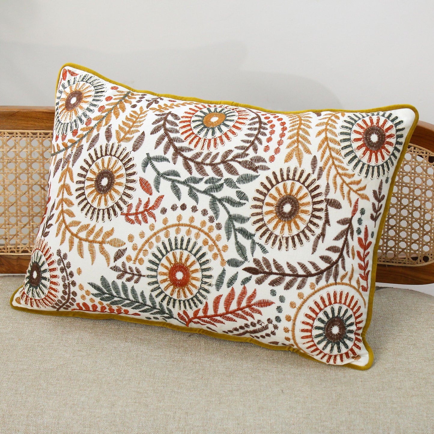 Hand-Embroidered Floral Lumbar Pillow Cover: Boho Botanical Cushion (16x24)