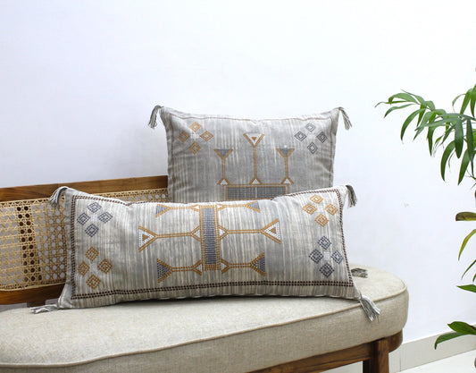 Gray Boho Throw Pillow Cover Set: Cactus Silk Embroidered Pillow Cover | Handwoven Moroccan-Style Accent for Sofa, Couch or Bed Decor