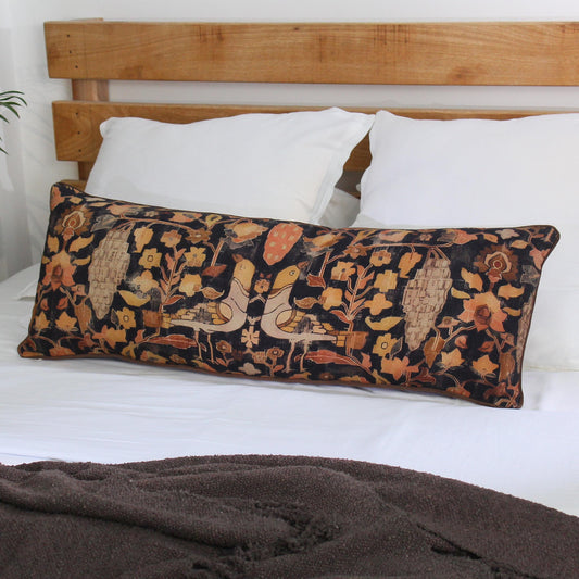 Hand Block Printed Bird Lumbar Pillow Cover: 14x40 Mud Cloth Cushion Cover | Long Boho Sofa Pillow | Handmade Decorative Couch Pillow Cover