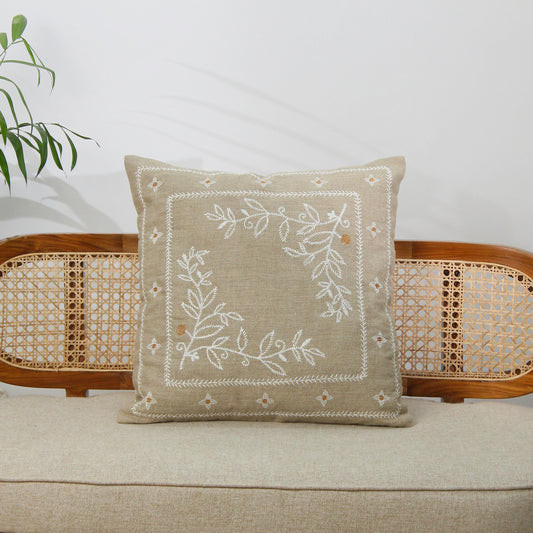 Floral Embroidered Linen Pillow Cover: Handcrafted Farmhouse Cushion