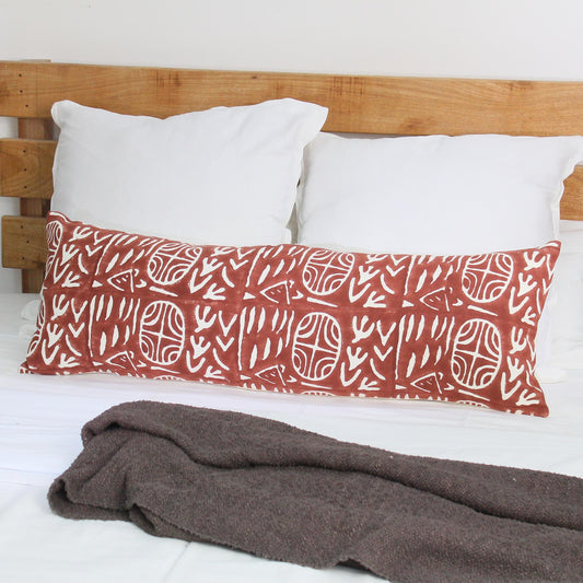Hand Block Printed Lumbar Pillow Cover: Rust Brown Tribal Mudcloth, 14x40 Boho Decor