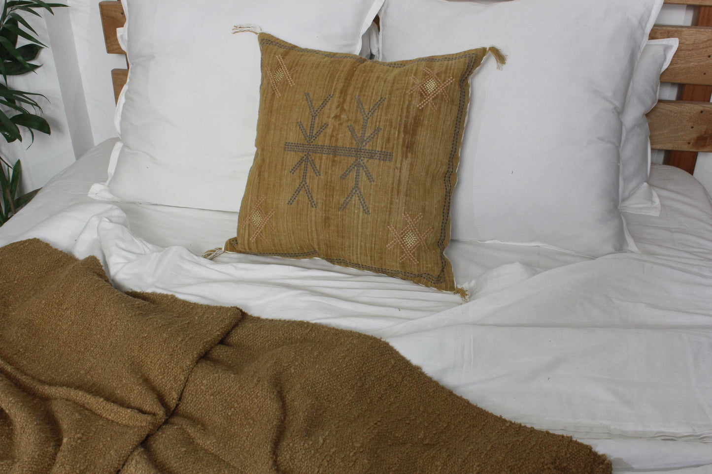 Hand Embroidered Linen Pillow Cover: Mustard Yellow Boho Farmhouse (20x20)