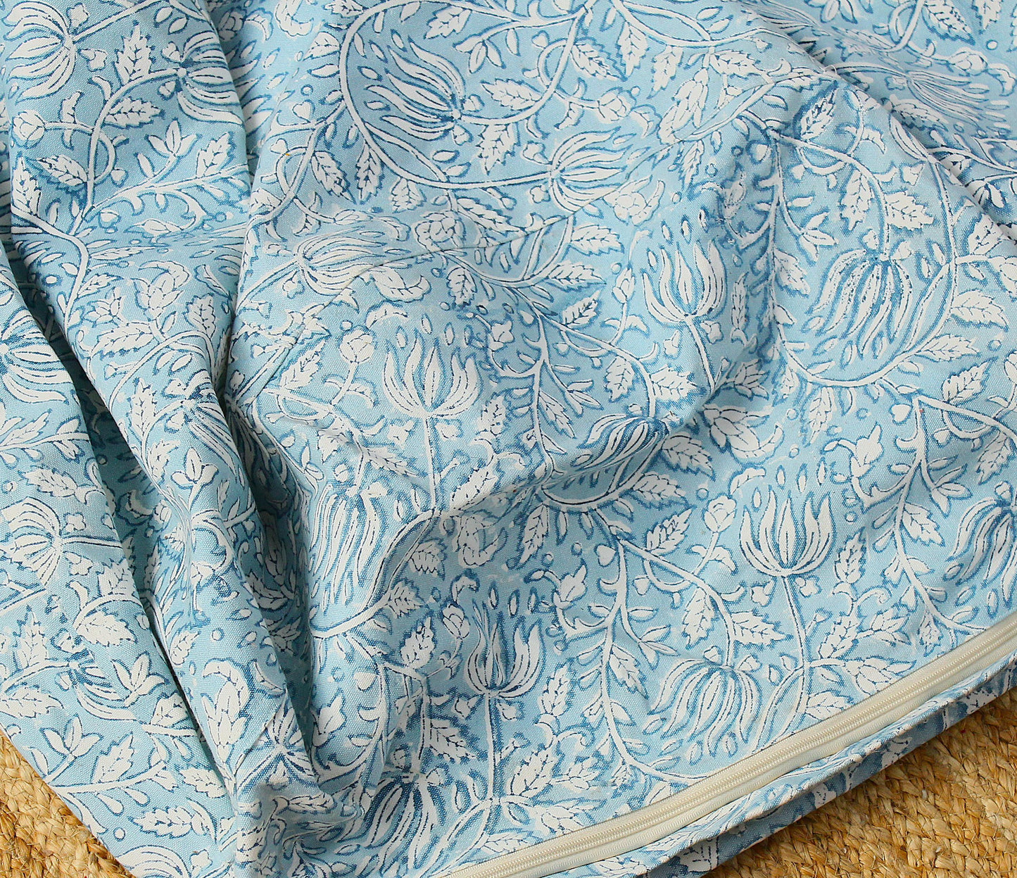 Blue Floral Hand Block Print Bean Bag Cover: 96" Boho Cotton