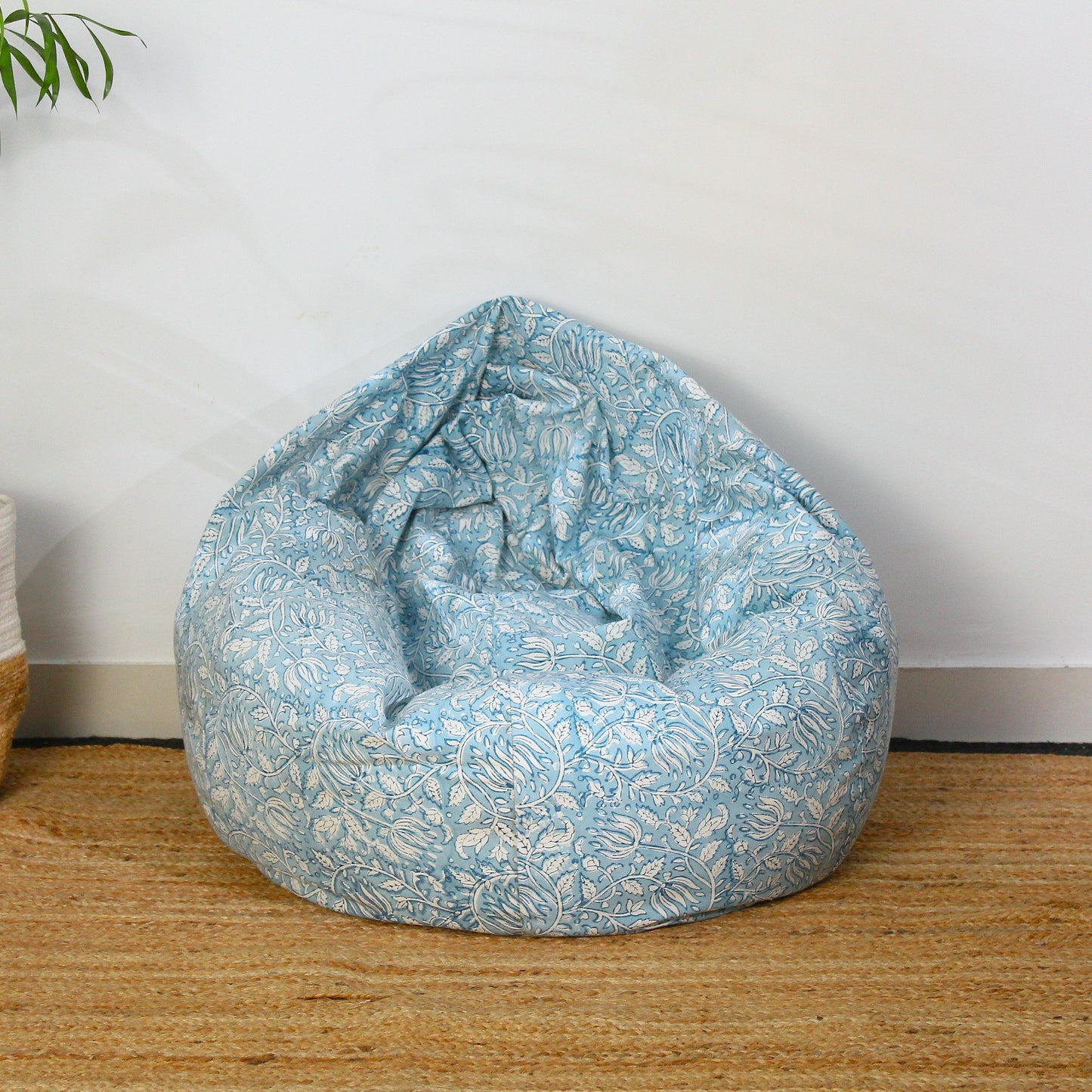 Blue Floral Hand Block Print Bean Bag Cover: 96" Boho Cotton