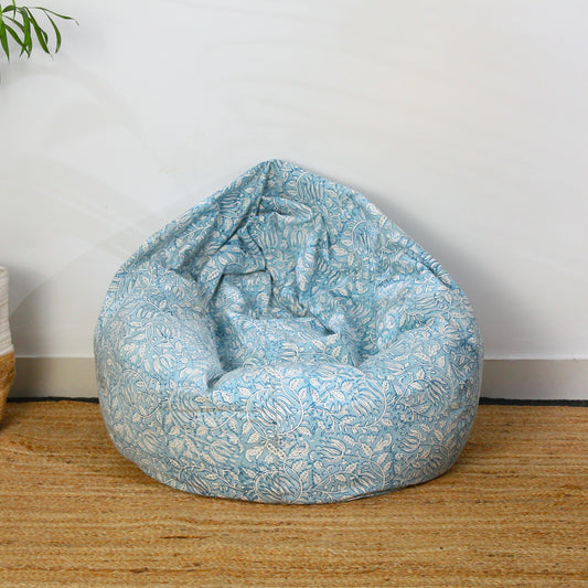 Blue Floral Hand Block Print Bean Bag Cover: 96" Boho Cotton