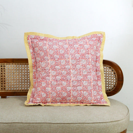 Pink Floral Kantha Quilted Pillow Cover: Hand Block Print, Boho Decor