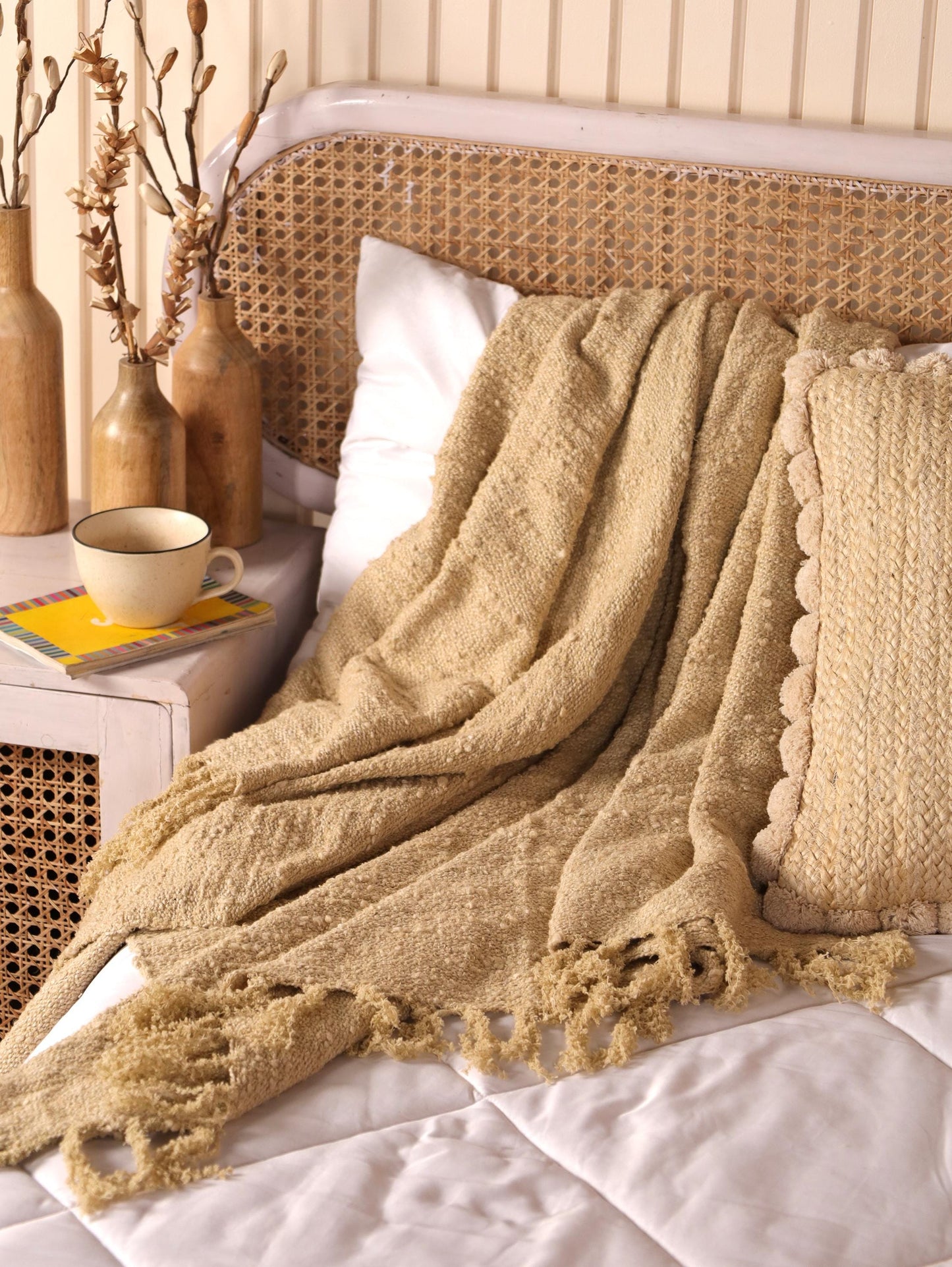Handloom Organic Cotton Throw Blanket: Beige Boho Decor (68” x 52”