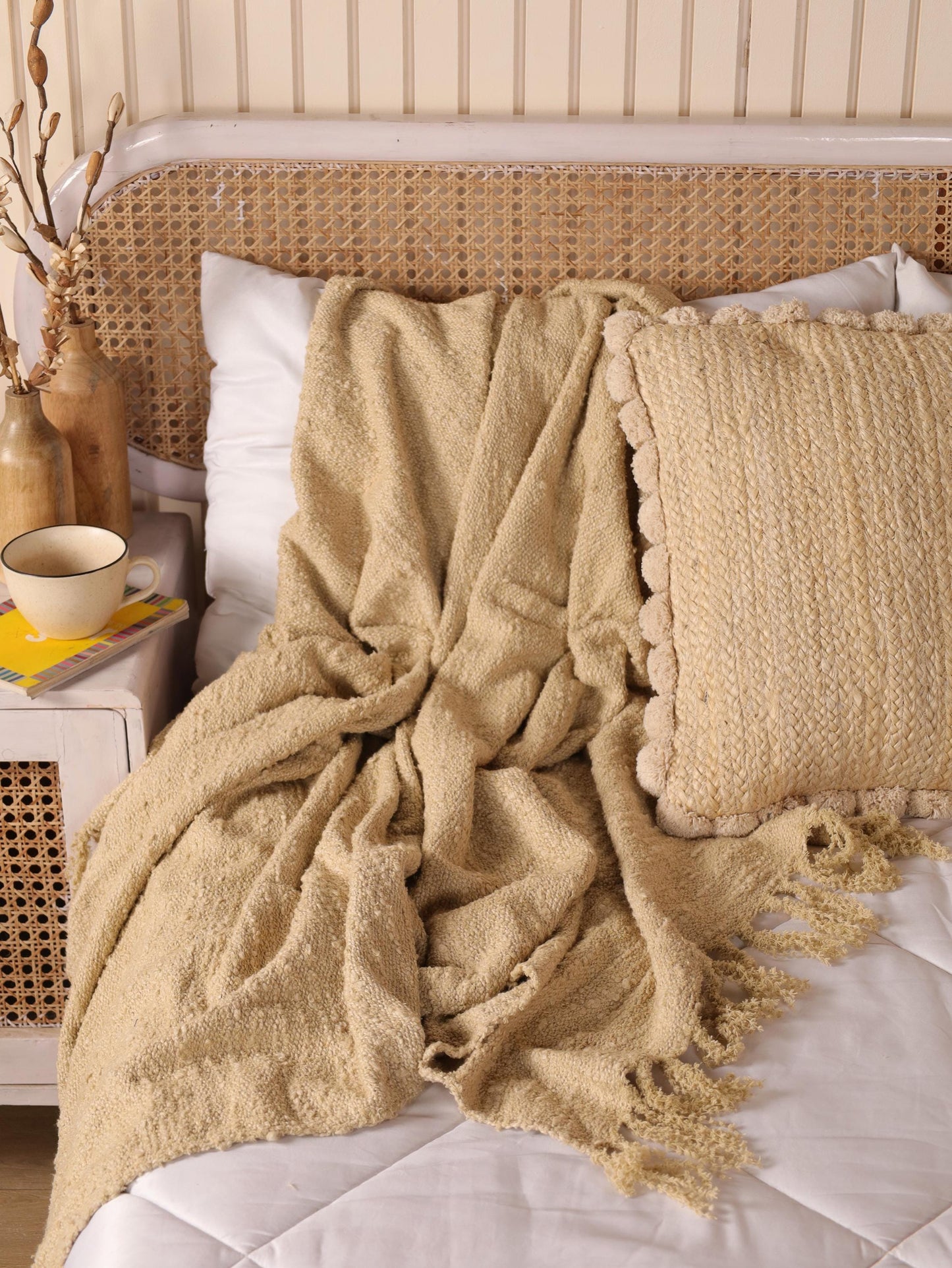 Handloom Organic Cotton Throw Blanket: Beige Boho Decor (68” x 52”
