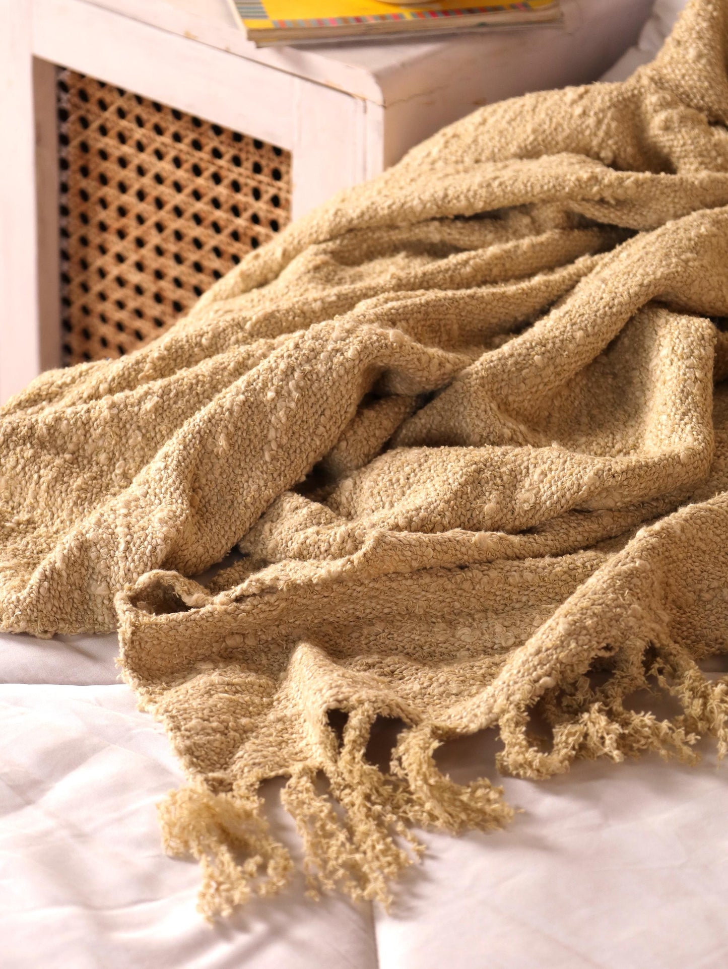 Handloom Organic Cotton Throw Blanket: Beige Boho Decor (68” x 52”