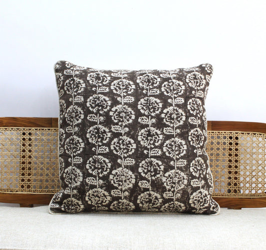 Hand Block Printed Linen Pillow Cover, Choco Brown Floral, Boho Farmhouse