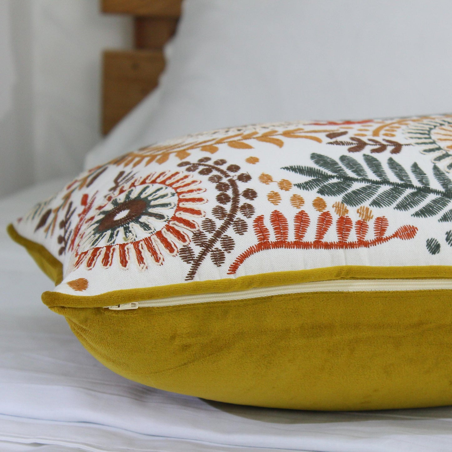Hand-Embroidered Floral Lumbar Pillow Cover: Boho Botanical Cushion (16x24)
